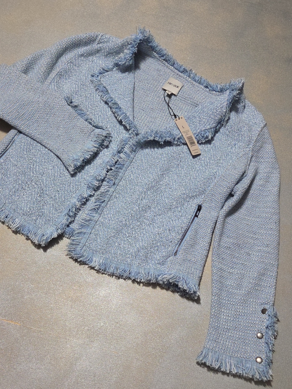 NIC+ZOE Powder Blue Fringe Tweed Cropped Blazer